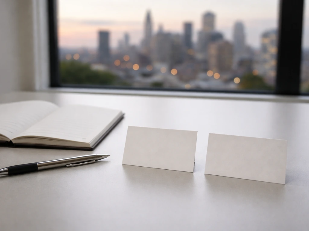 Minimal desk scene showing two indistinct business cards and a blurred city skyline to suggest name confusion