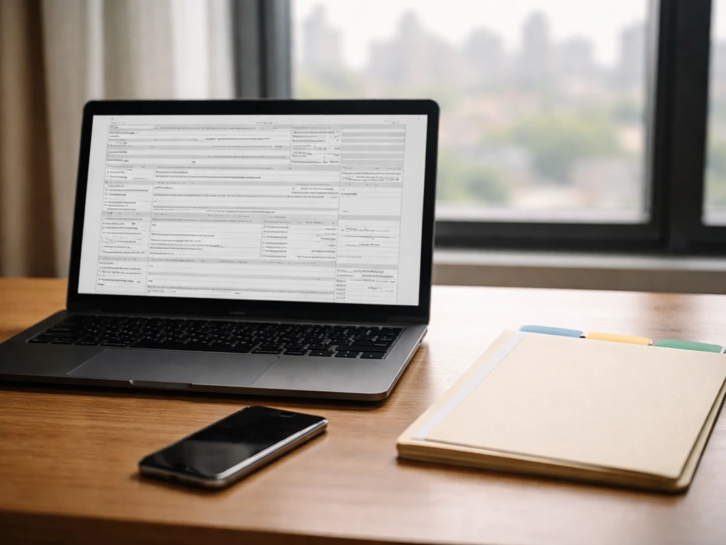 Office desk with a laptop showing a blurred nonprofit filing record and printed documents in natural light.