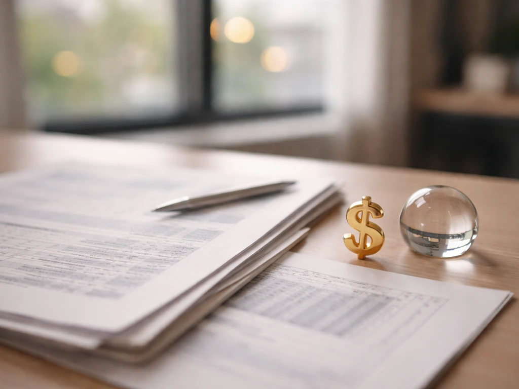 Closeup of financial documents with a small golden investment charm on a desk, softly lit natural light.