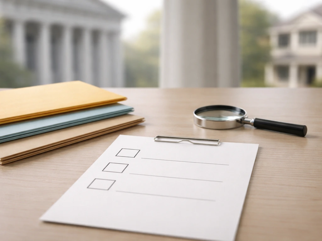 Minimal photo of a checklist with three folders and a magnifying glass over a courthouse and property records.