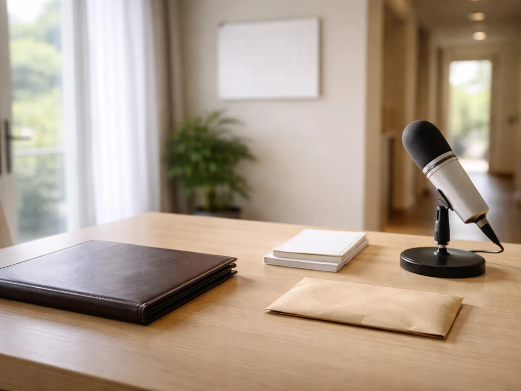 Minimal Beverly Hills-style psychiatry office desk with calendar, cash envelope, and microphone—symbolizing long-term pr