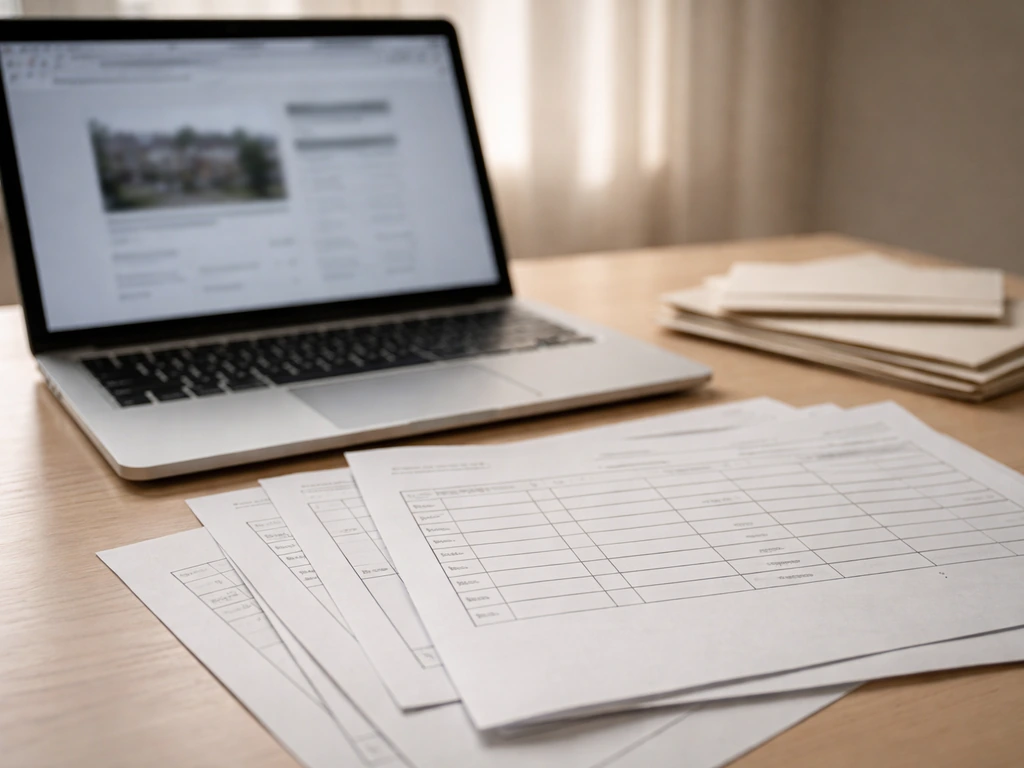Close-up of laptop and printed property-record forms on a desk, suggesting real-estate research and paperwork