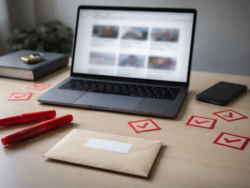 Desk scene with laptop, phone, red warning notes, and a locked report book—symbolizing scammy name confusion.