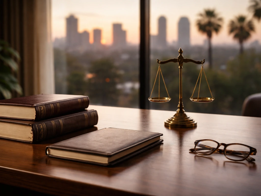 Minimal photo of a quiet attorney desk with law books, brass scales, and a city skyline backdrop at dusk.