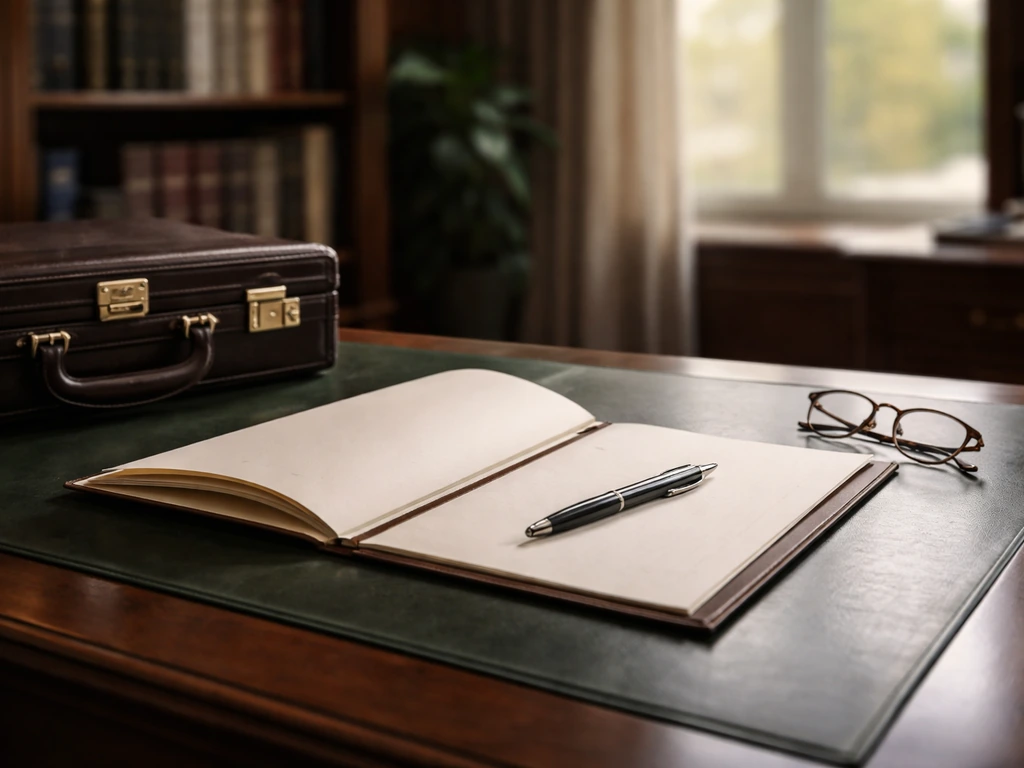 Minimal photo of a law office desk setup with a pen and legal folder, symbolizing a Los Angeles attorney identity.