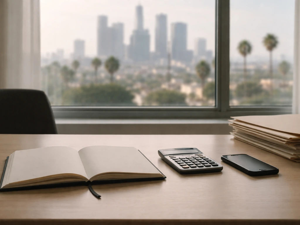 Minimal office desk with calculator, notebook, and stacked folders symbolizing financial calculation.