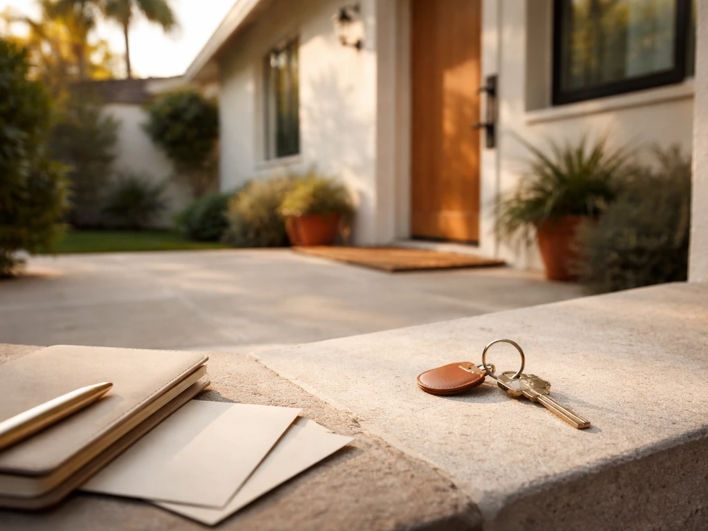 Los Angeles home exterior with a house key on the doorstep and subtle finance items in the foreground.