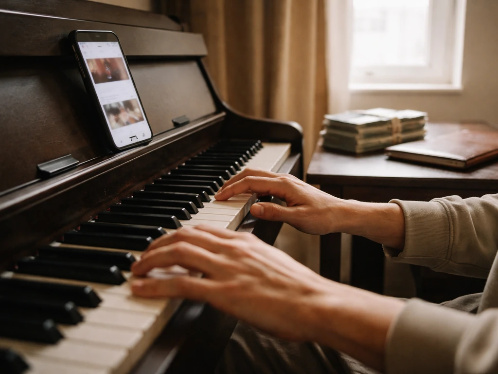 Hands playing an upright piano with a smartphone and cash/portfolio on a nearby desk.