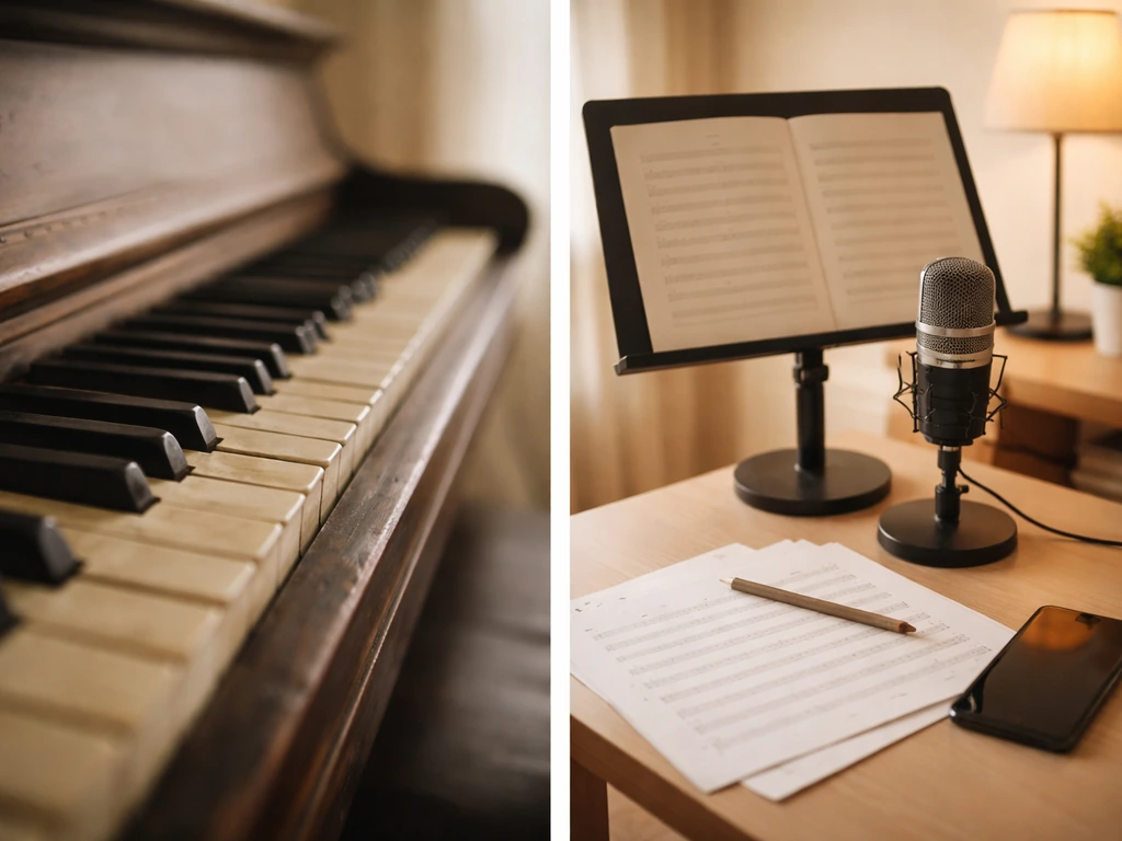 Minimal collage: piano keyboard and a quiet home studio desk with a smartphone, to suggest Charles Cornell educator iden