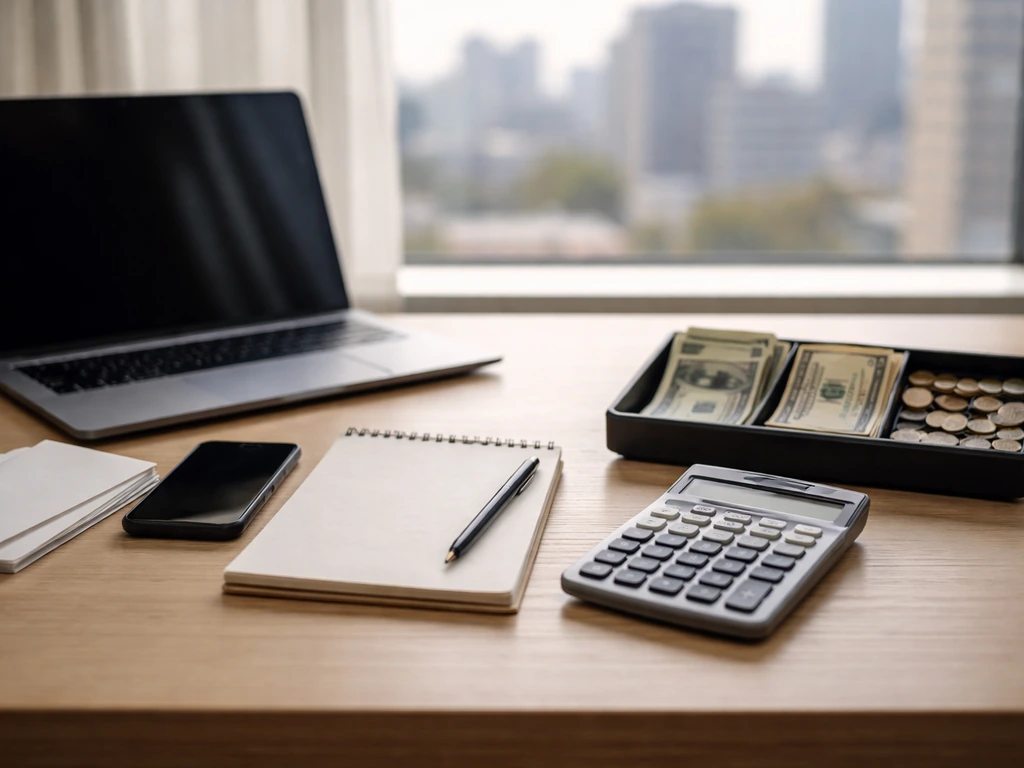 Minimal desk scene with calculator, coins, and blank notepad symbolizing net worth estimate inputs and buildup.