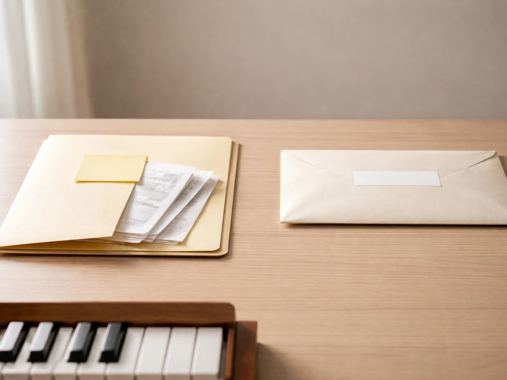 Desk scene with a labeled folder and a sealed envelope beside a piano accessory, symbolizing documented assets vs missin