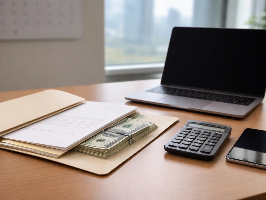 Desk with legal file folder, cash, calculator, and laptop suggesting a net-worth investigation.