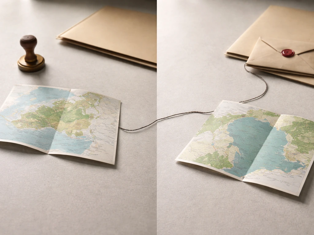 Minimal collage of two folded maps and generic legal documents on a desk, connected by twine.