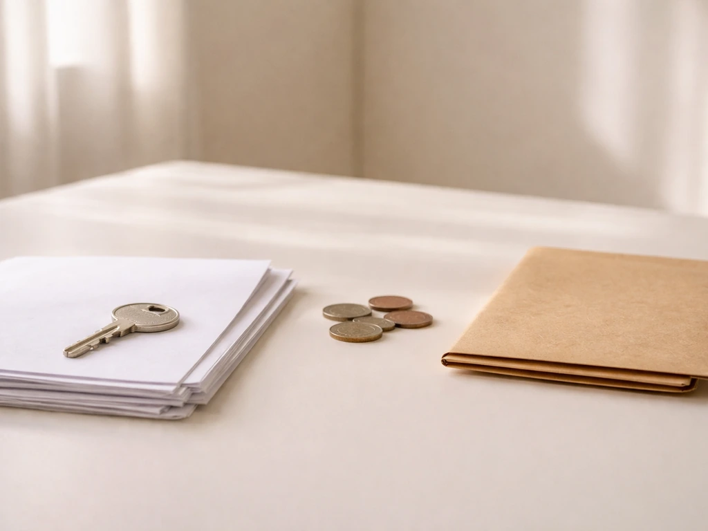 Minimal photo of a desk with a house key, documents, coins, and a closed envelope beside a small receipt
