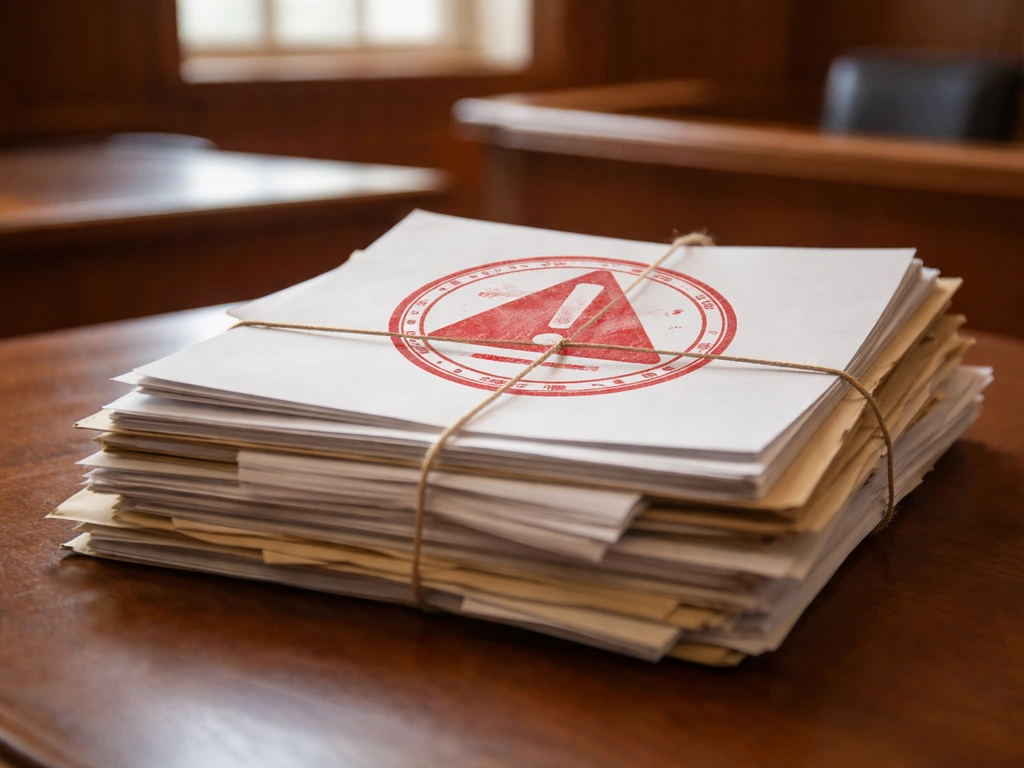 Minimal courtroom scene with a stack of legal documents and folders on a desk with a warning-stamp symbol.