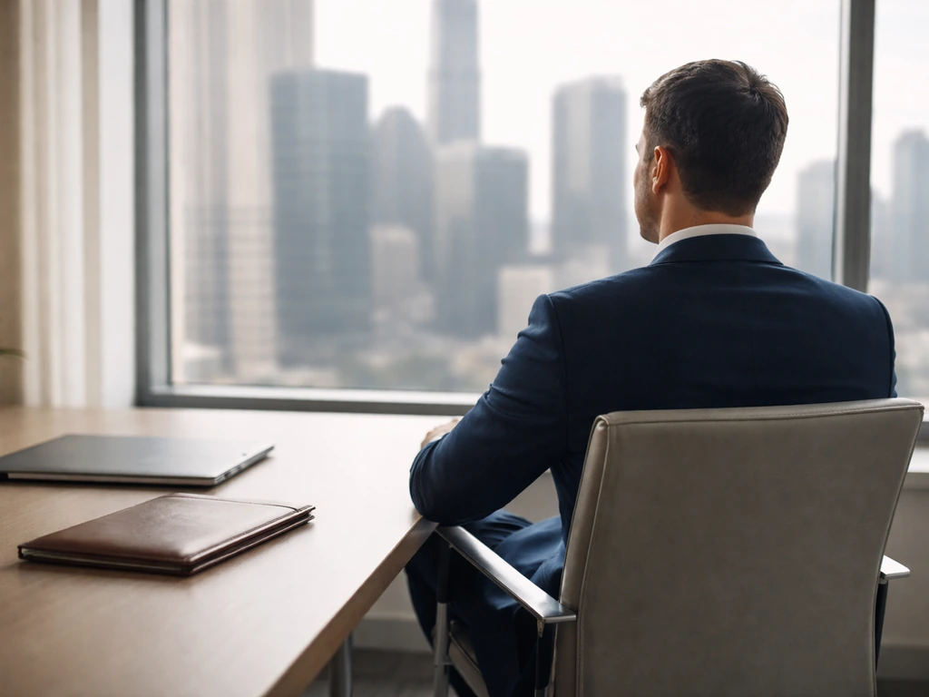 Anonymous executive in a quiet modern office with a laptop and leather portfolio, daylight and blurred skyline.