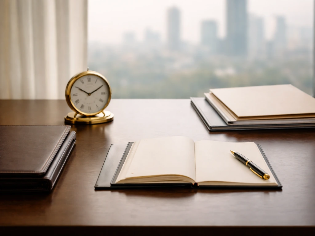 Minimal finance office desk with portfolio, clock, blank documents, and blurred city light suggesting career income shif