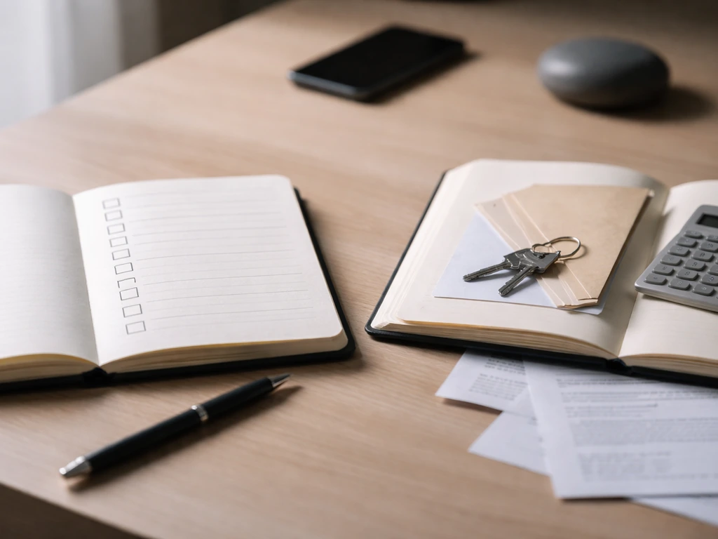 Minimal desk scene with checklists, documents, calculator, envelopes, and keys symbolizing liabilities vs taxes.