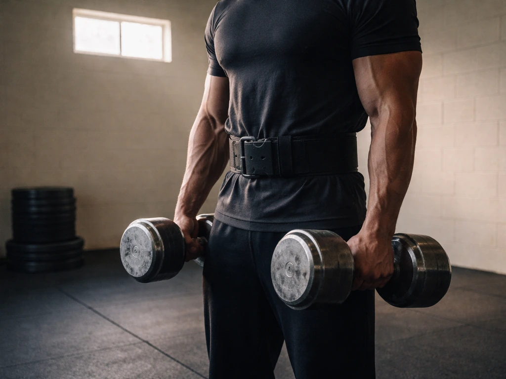 Canadian strength coach-themed training scene with dumbbells and a simple gym background