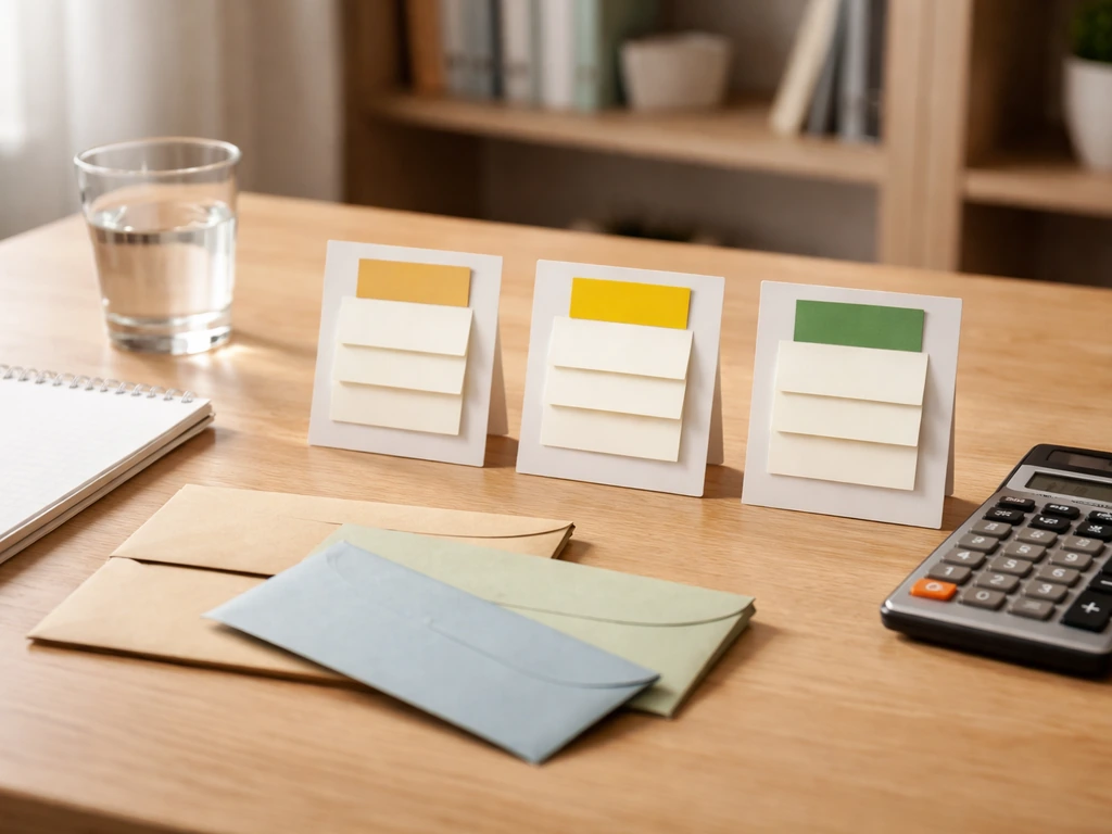 Minimal desk scene with three labeled envelope-style cards, blank notes, and a calculator suggesting a net-worth range.