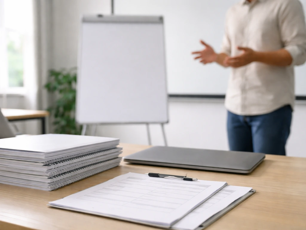 Minimal training workshop table with blank flip chart and stacked course materials, illustrating coaching programs.