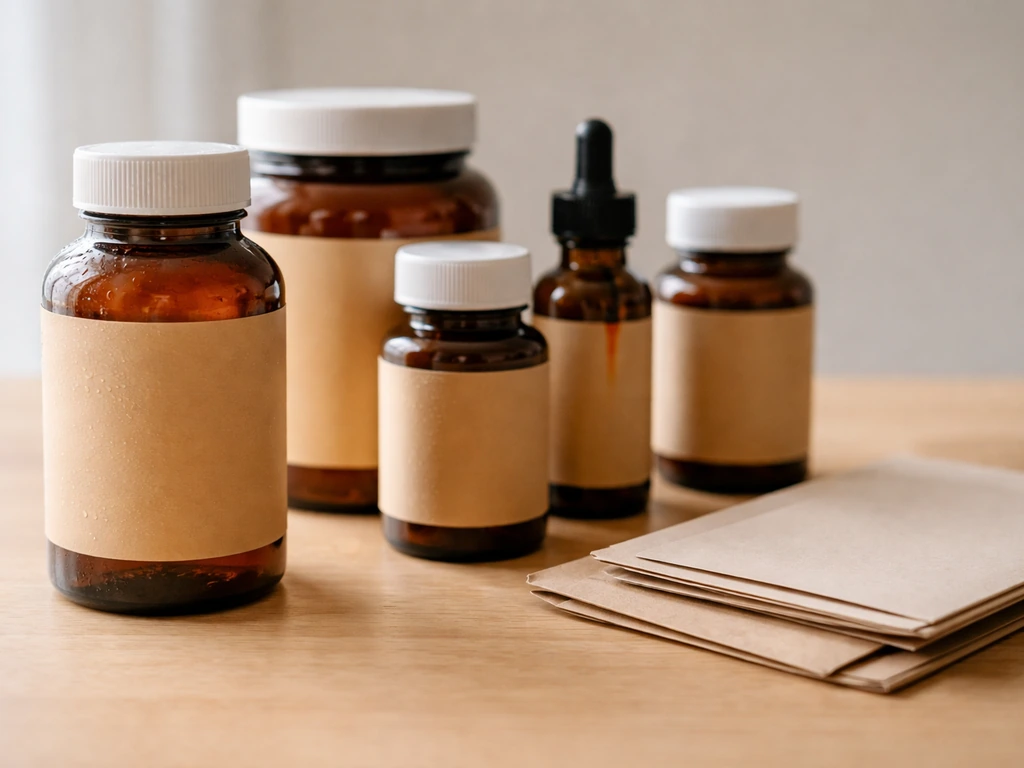 Closeup of supplement bottles and a small invoice envelope on a clean desk, hinting at direct-to-consumer sales.