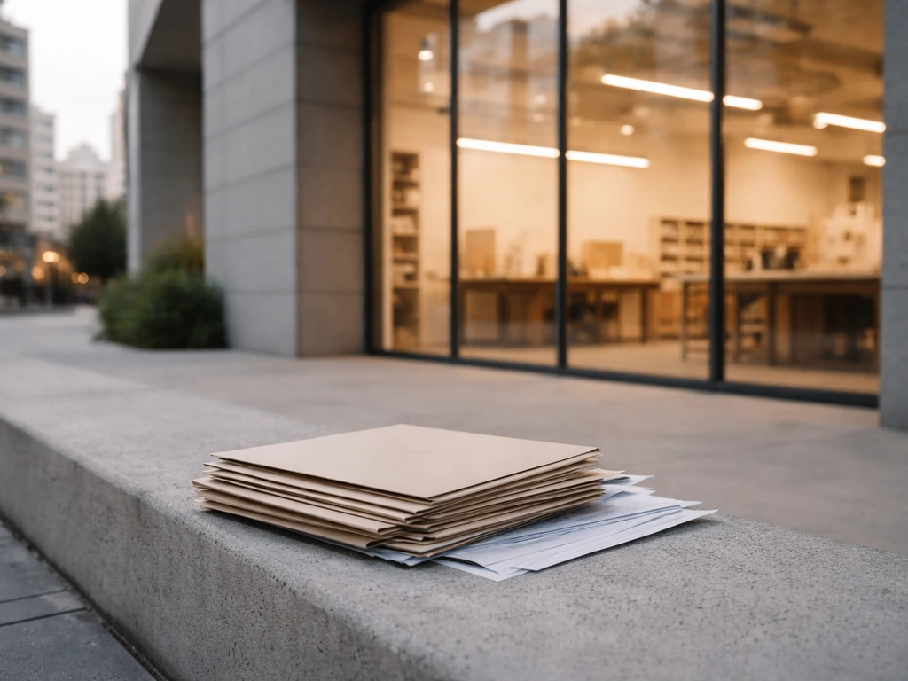 Modern architecture studio facade with folders and a calm city view, symbolizing wealth research and professional work.