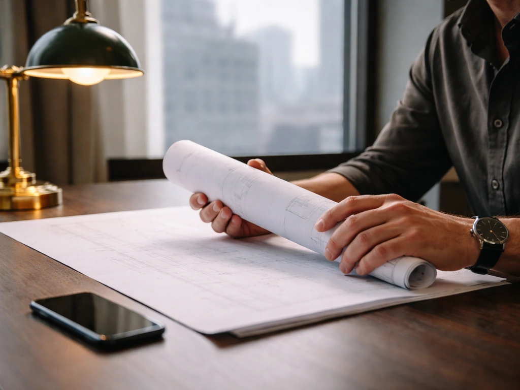 Anonymous architect’s hands with blueprint in a bright upscale office, city view through window.