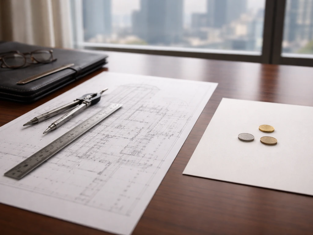 Luxury architect desk with blueprint plan and blank fee-percentage tokens, blurred skyline background.