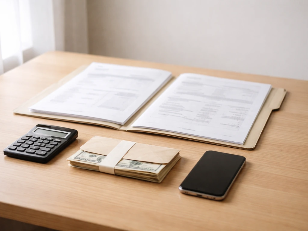 Minimal desk scene with a calculator, cash envelope, and bank documents suggesting net worth calculation