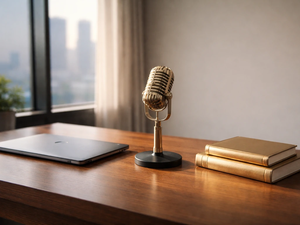Minimal home-office desk with microphone and gold-toned books, evoking software leadership and wealth analysis.