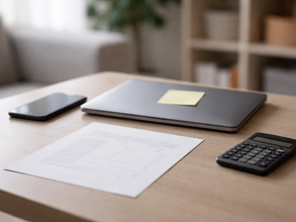 Minimal photo of a desk with a laptop, smartphone, and calculator suggesting a circulating net-worth estimate table