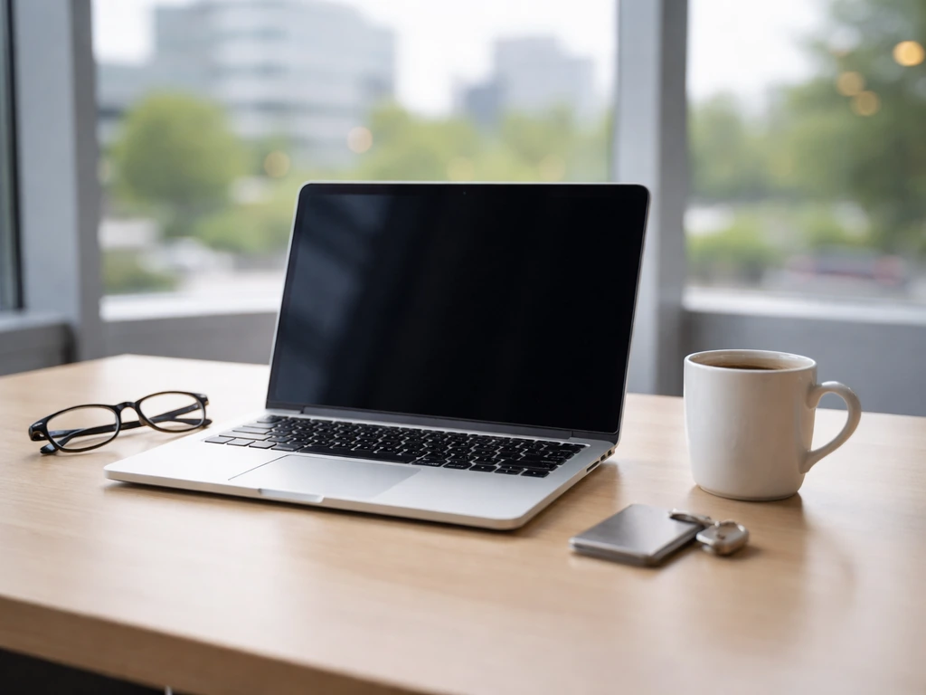 Minimal photo of a quiet modern office desk with a computer, coffee, and subtle wealth-themed atmosphere