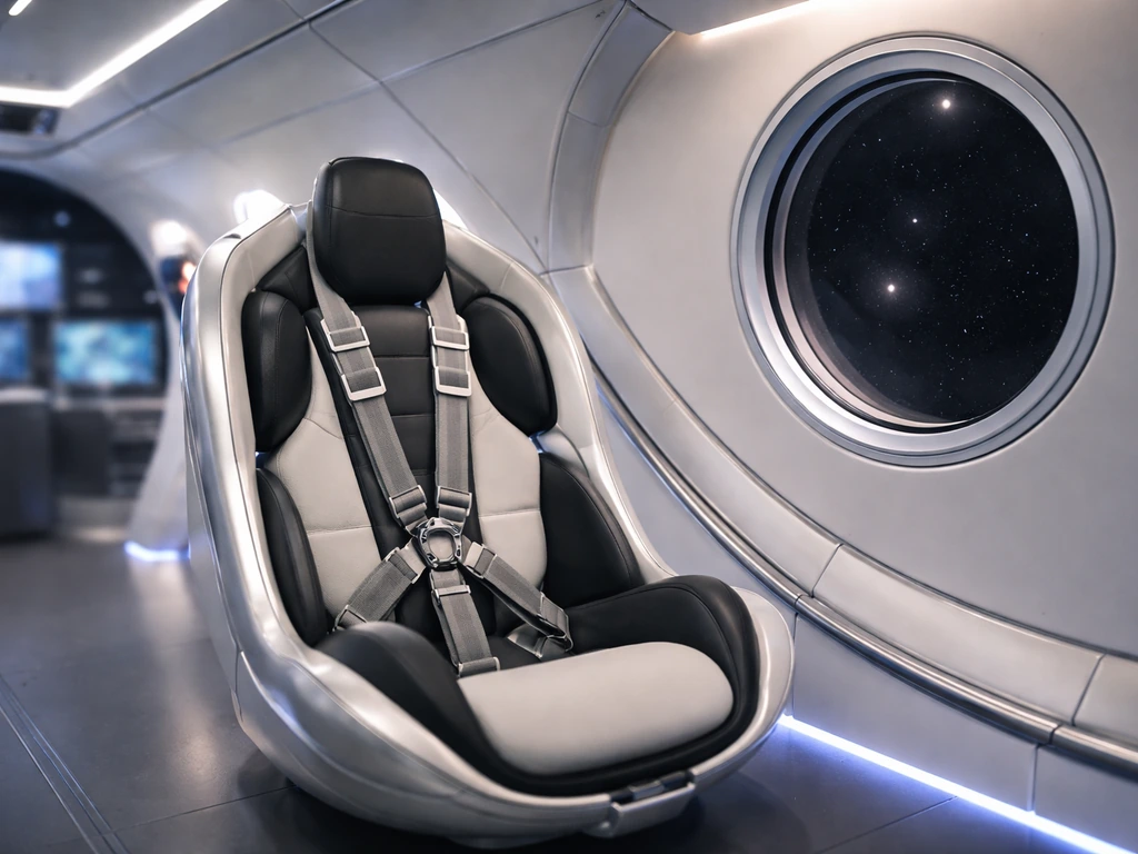 Empty space tourism cabin with an astronaut seat and a porthole view of deep space.