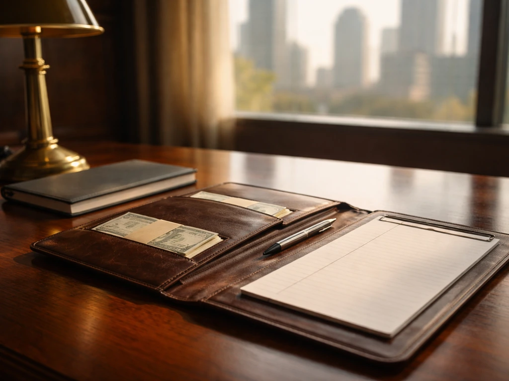 Minimal office scene with a leather portfolio, brass desk items, and a softly lit window suggesting finance research