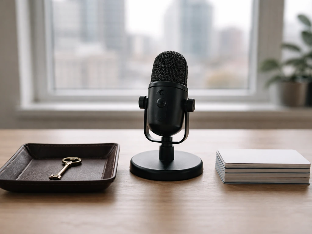 Minimal office desk with podcast mic, brass key, and turned-away business cards for identity cues.