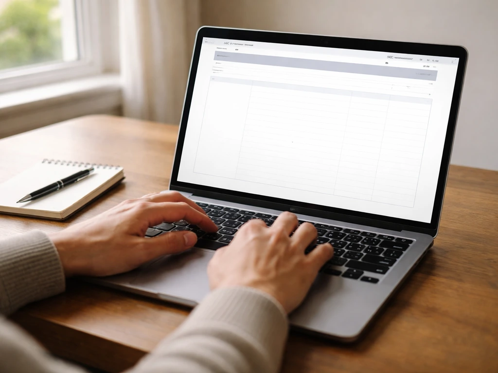 Hand using laptop to search SEC EDGAR Form 4 insider transaction filings on a blank browser page