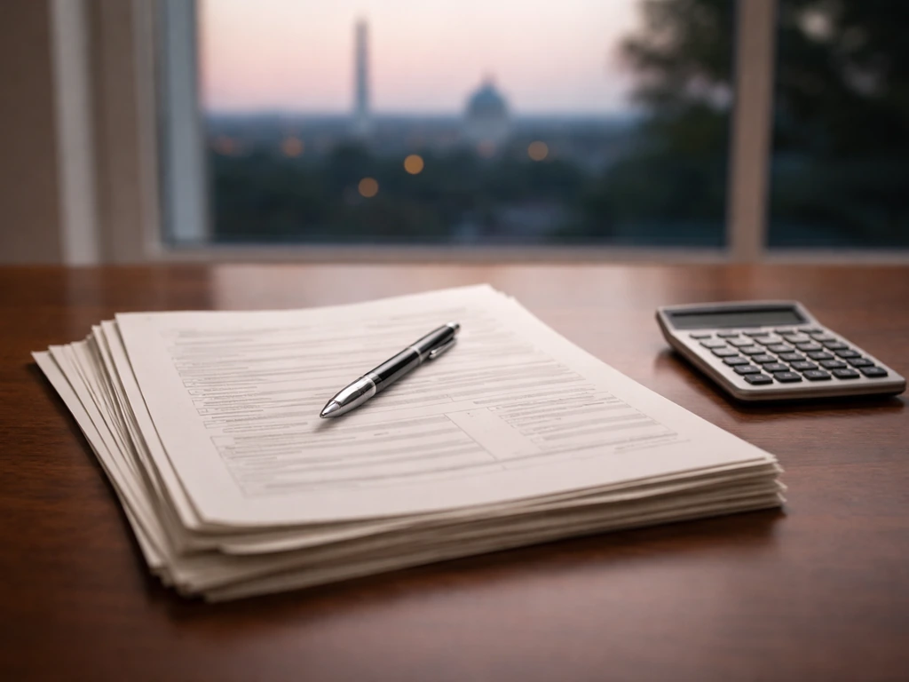 Close-up of a real estate deal contract with a pen and calculator on a wooden desk