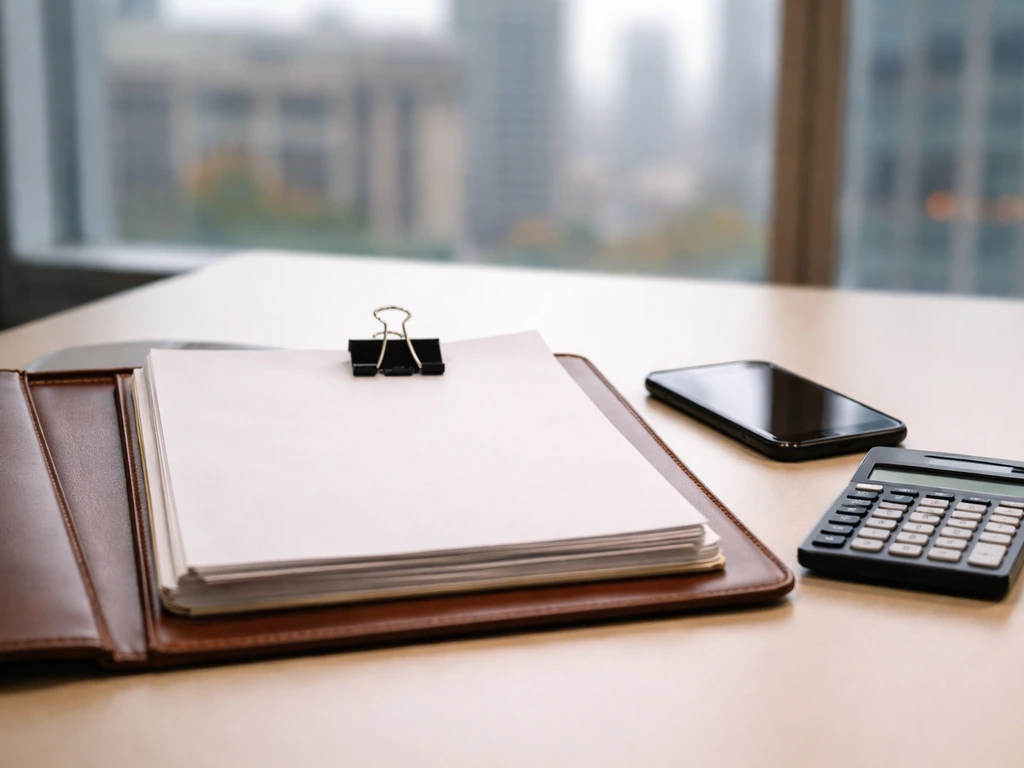 Minimal office desk scene with blank documents, calculator, and phone symbolizing an equity net worth breakdown.