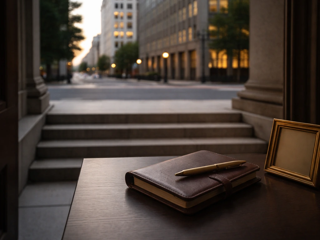 Dusk view of a D.C. office facade with a desk holding a planner and gold pen, symbolizing wealth milestones.