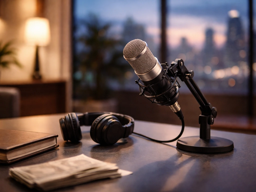 Microphone and headphones on a studio desk with a blurred skyline, symbolizing media and wealth analysis.