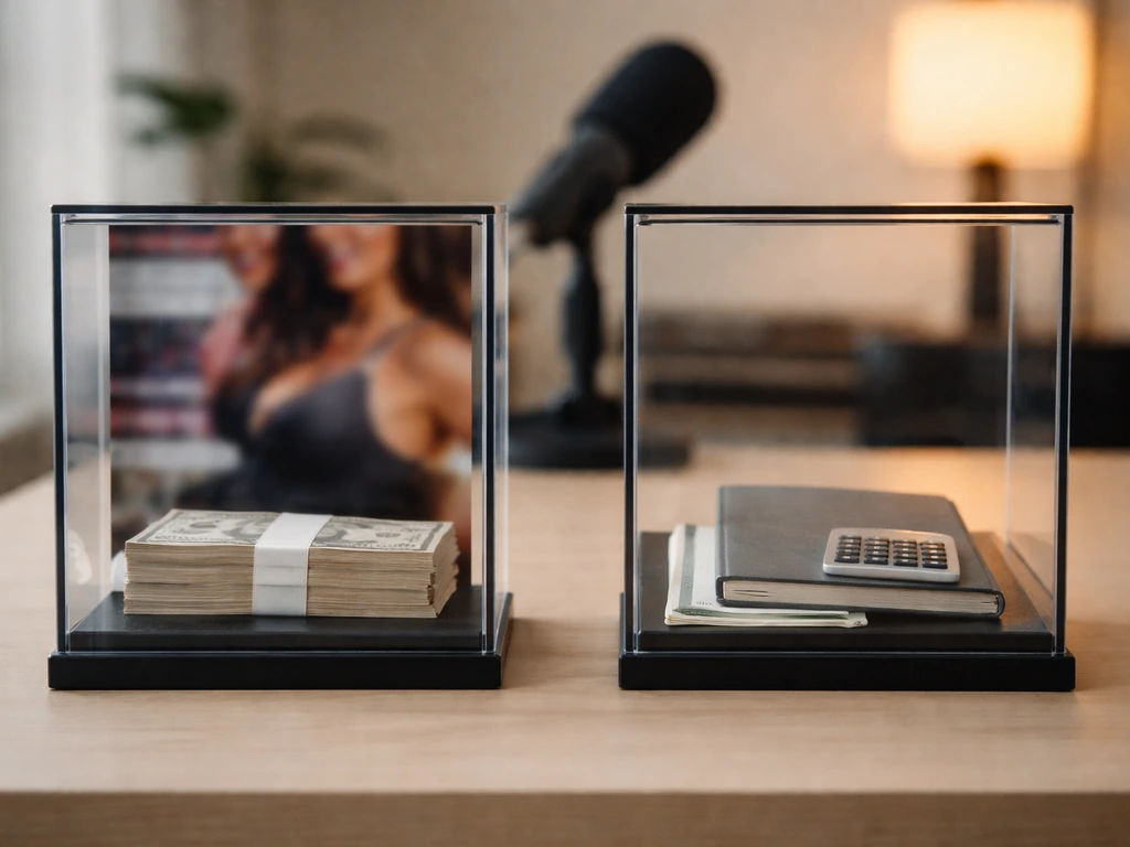 Minimal desk scene with two adjacent framed cases showing money vs calculator and notebook, symbolizing estimate range.