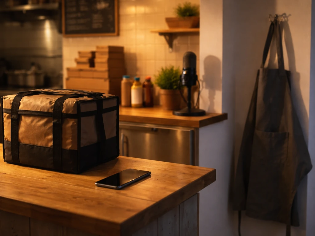 Quiet takeout counter with delivery bag and phone, plus a microphone in the background, no people.