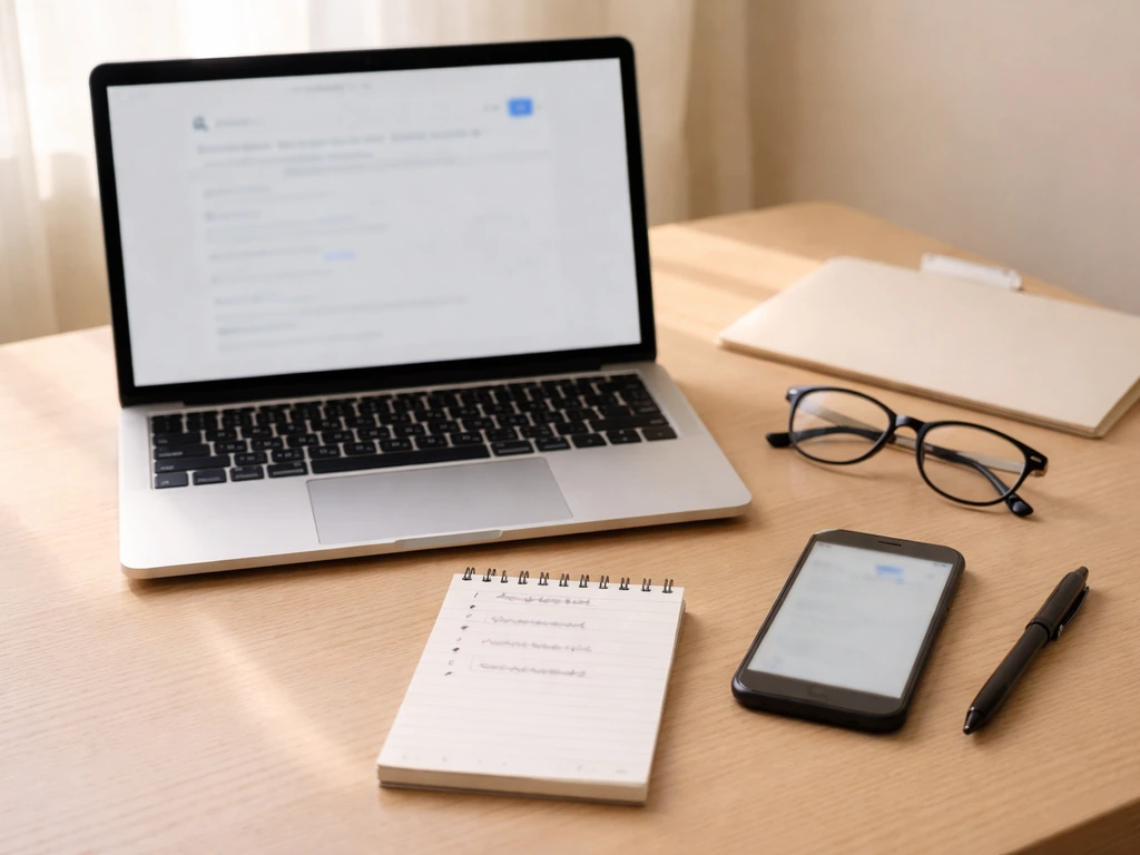 Minimal desk scene with laptop and blurred searches, notepad bullet points, and pen for verifying info steps.