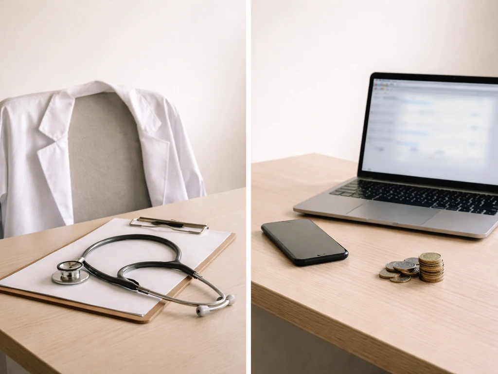 Minimal office scene with a physician-like coat and a laptop showing anonymous finance-search vibe, no text.