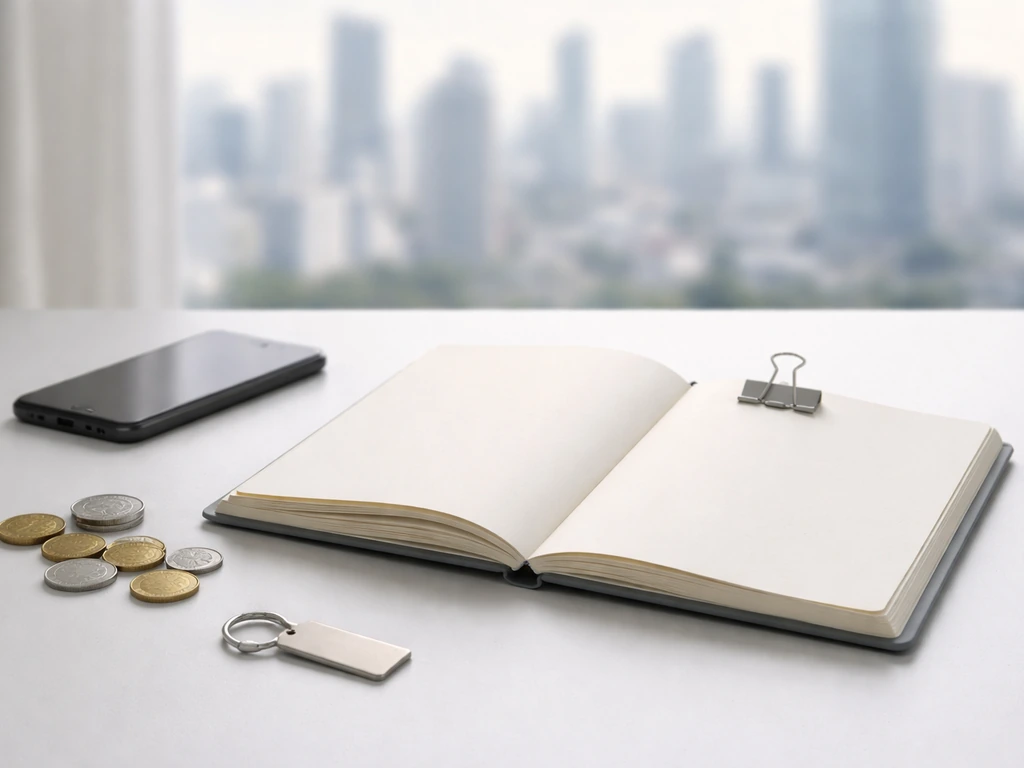 Minimal finance desk scene with a single open notebook and scattered coins, suggesting an estimated net worth range