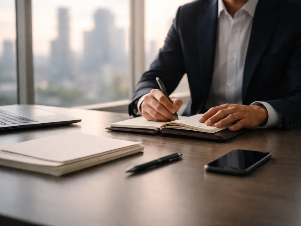 Anonymous executive in a modern office, desk with papers and laptop, city view—symbolizing net-worth analysis