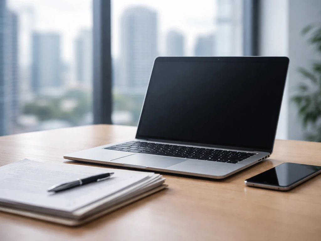 Minimal photo of a business office desk with a laptop, phone, and tidy paperwork symbolizing identifying a public figure