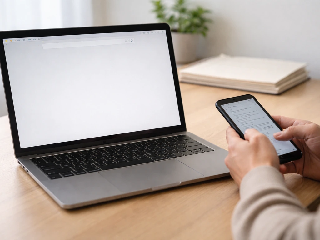 Hands comparing a phone and laptop on a tidy office desk with blank documents, symbolizing estimate verification.