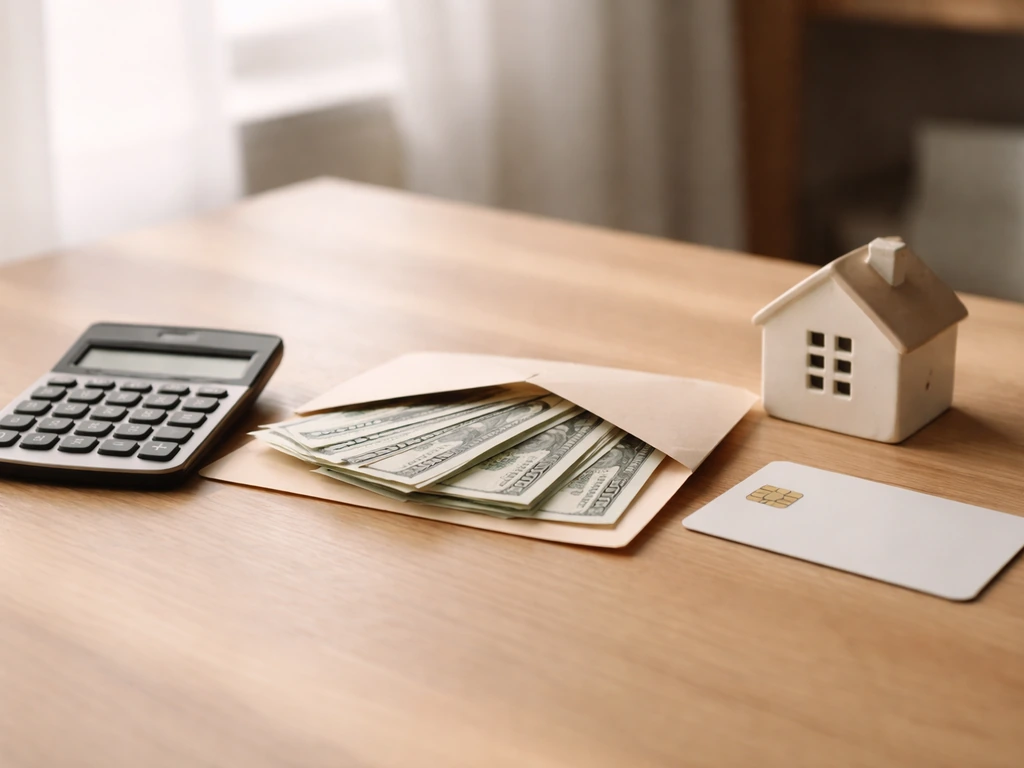 Minimal photo of a desk with cash, a credit card, and a house-shaped object near a calculator, symbolizing assets minus